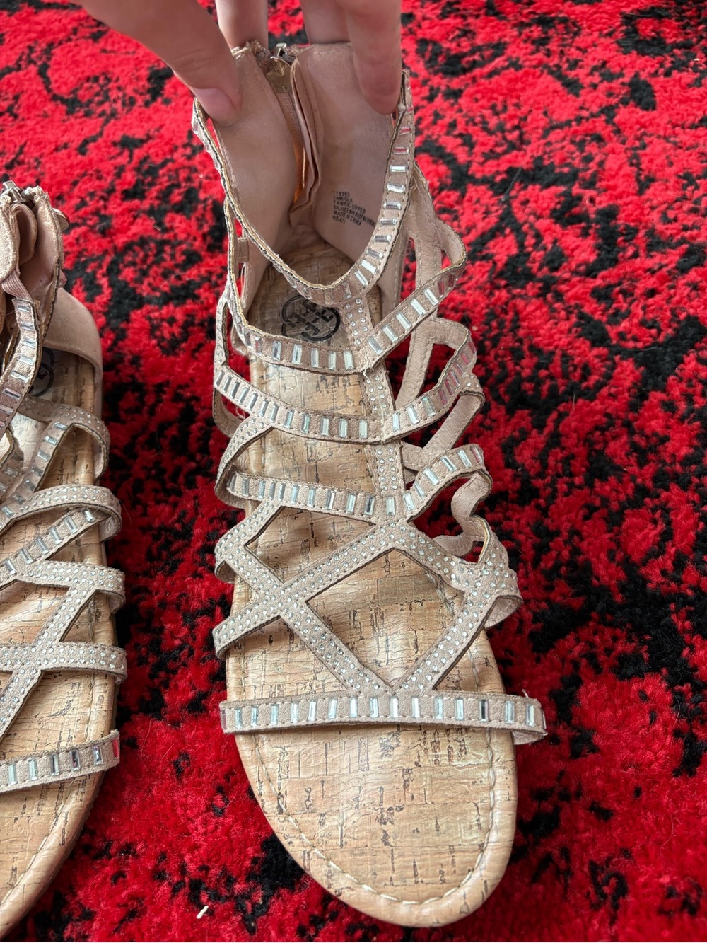 Crystal-Embellished Cork-looking Sandals in Beige